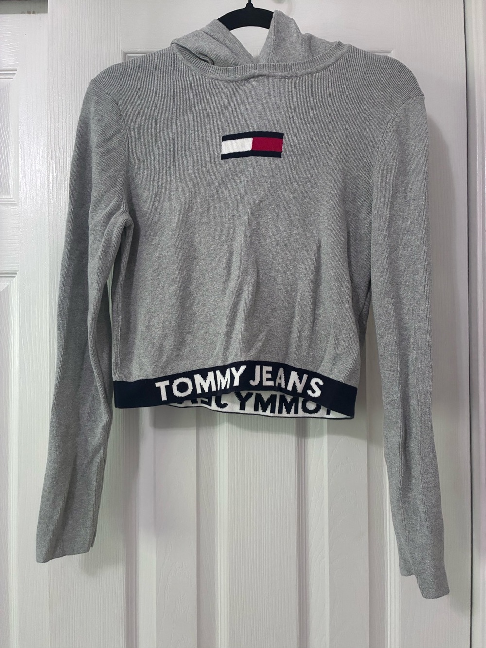 Tommy Hilfiger Gray Cropped Hoodie with Logo Band